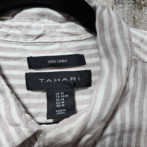 Tahari Linen Cream and Pink Stripe Button Up Tunic Mini Dress - Picture 3 of 3